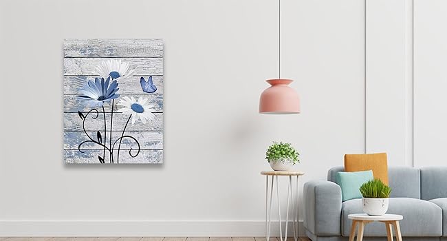 Farmhouse Floral Wall Art for Living Room, Blue and White Daisy Flower and Butterfly on Rustic Wood Board Canvas Wall Art Framed Artwork Ready to Hang for Bathroom Bedroom Decor, 16L X 12W