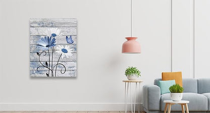 Farmhouse Floral Wall Art for Living Room, Blue and White Daisy Flower and Butterfly on Rustic Wood Board Canvas Wall Art Framed Artwork Ready to Hang for Bathroom Bedroom Decor, 16L X 12W