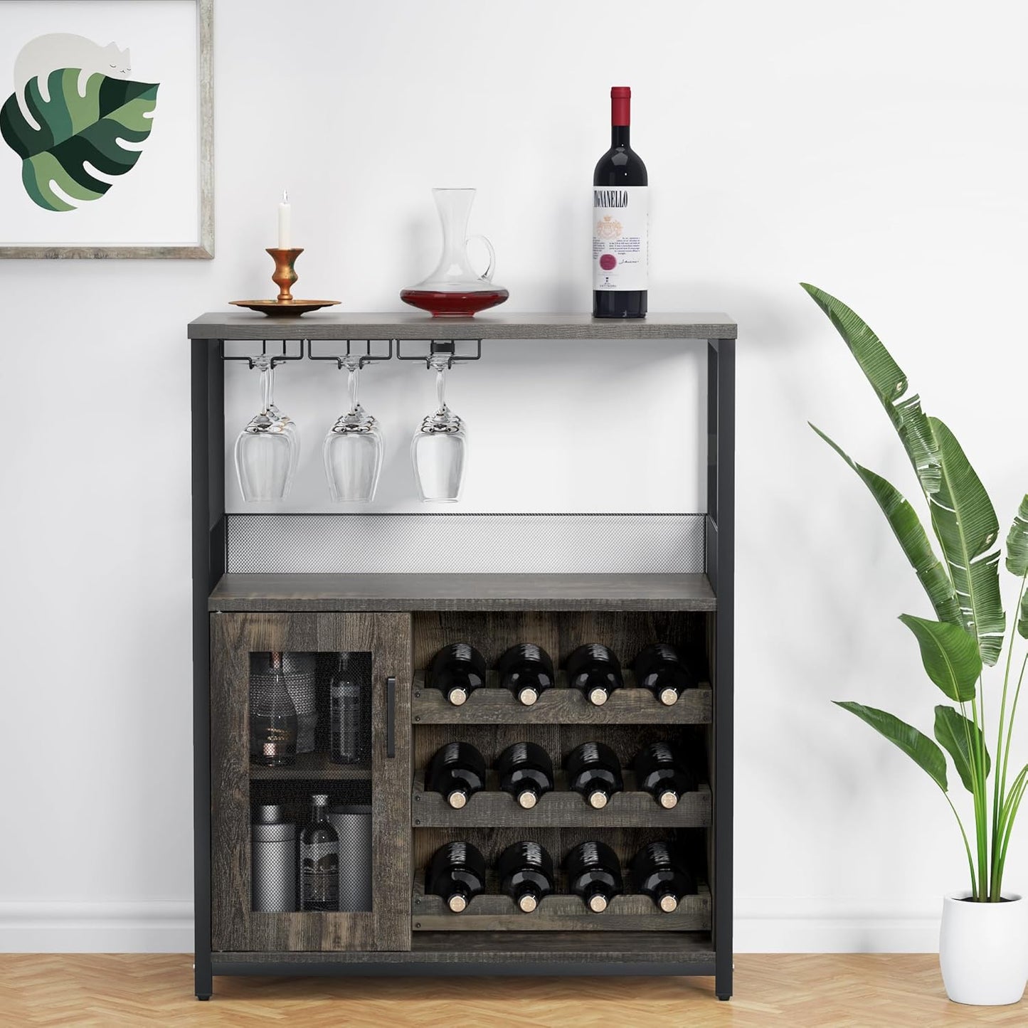 Wine Bar Rack Cabinet with LED Light, Adjustable Shelves Coffee Bar Cabinet with Mesh Door and Baffle Design, 36″ Tall Small Liquor Bar Cabinet for Home, Kitchen, Dinning Room, Rustic Brown