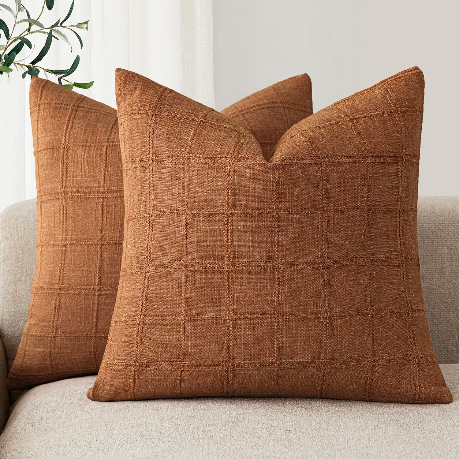 Foindtower Set of 2 Decorative Linen Check Throw Pillow Covers Neutral Farmhouse Vintage Cushion Covers Modern Boho Home Decor for Sofa Chair Couch Bedroom Living Room,18×18 Inch,Natural Beige