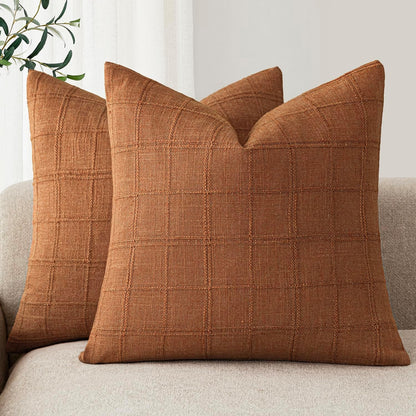 Foindtower Set of 2 Decorative Linen Check Throw Pillow Covers Neutral Farmhouse Vintage Cushion Covers Modern Boho Home Decor for Sofa Chair Couch Bedroom Living Room,18×18 Inch,Natural Beige