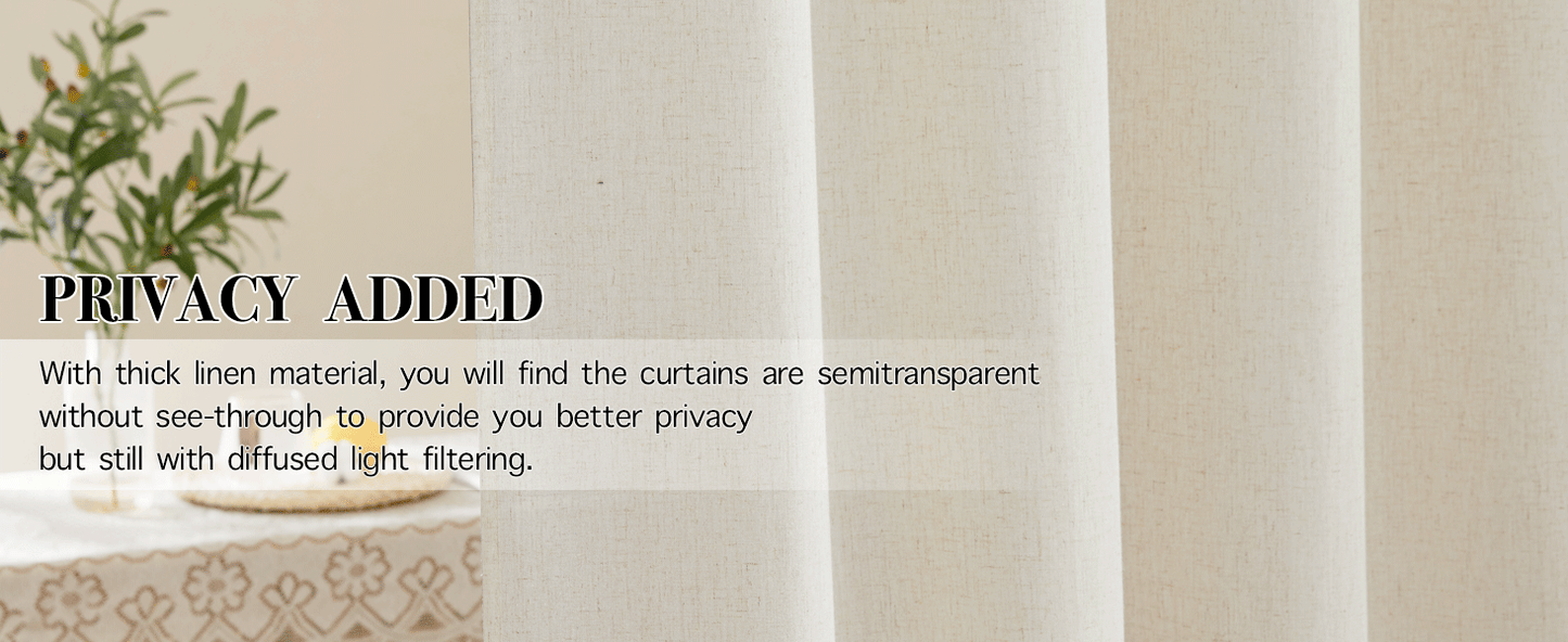 Natural Linen Curtains 84 inch Long 2 Panels Set, Grommet Top Thick Linen Burlap Semi Sheer Vertical Drapes Privacy Assured with Light Filtering for Bedroom/Living Room, W55 x L84