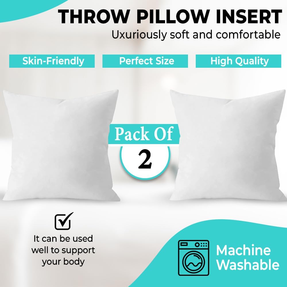 QUBA LINEN 18 x 18 Throw Pillow Insert - Pack of 2 White, Down Alternative Pillow Inserts for Decorative Pillow Covers, Throw Pillows for Bed, Couch Pillows for Living Room (Pack of 2)