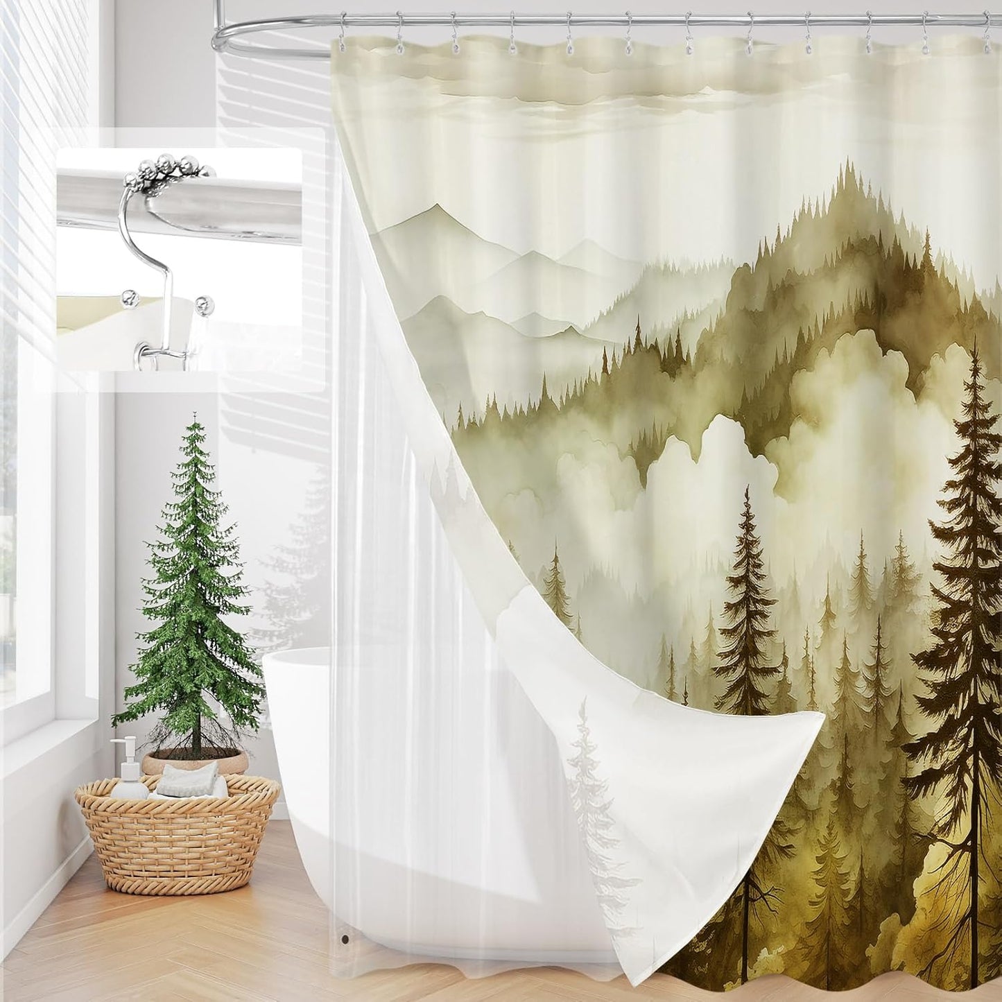 3 in 1 Shower Curtain Set, DarkGreen Misty Pine Forest Fabric Shower Curtain with PEVA Liner and Double Sided Hooks, Bathroom Curtain Waterproof 72x72