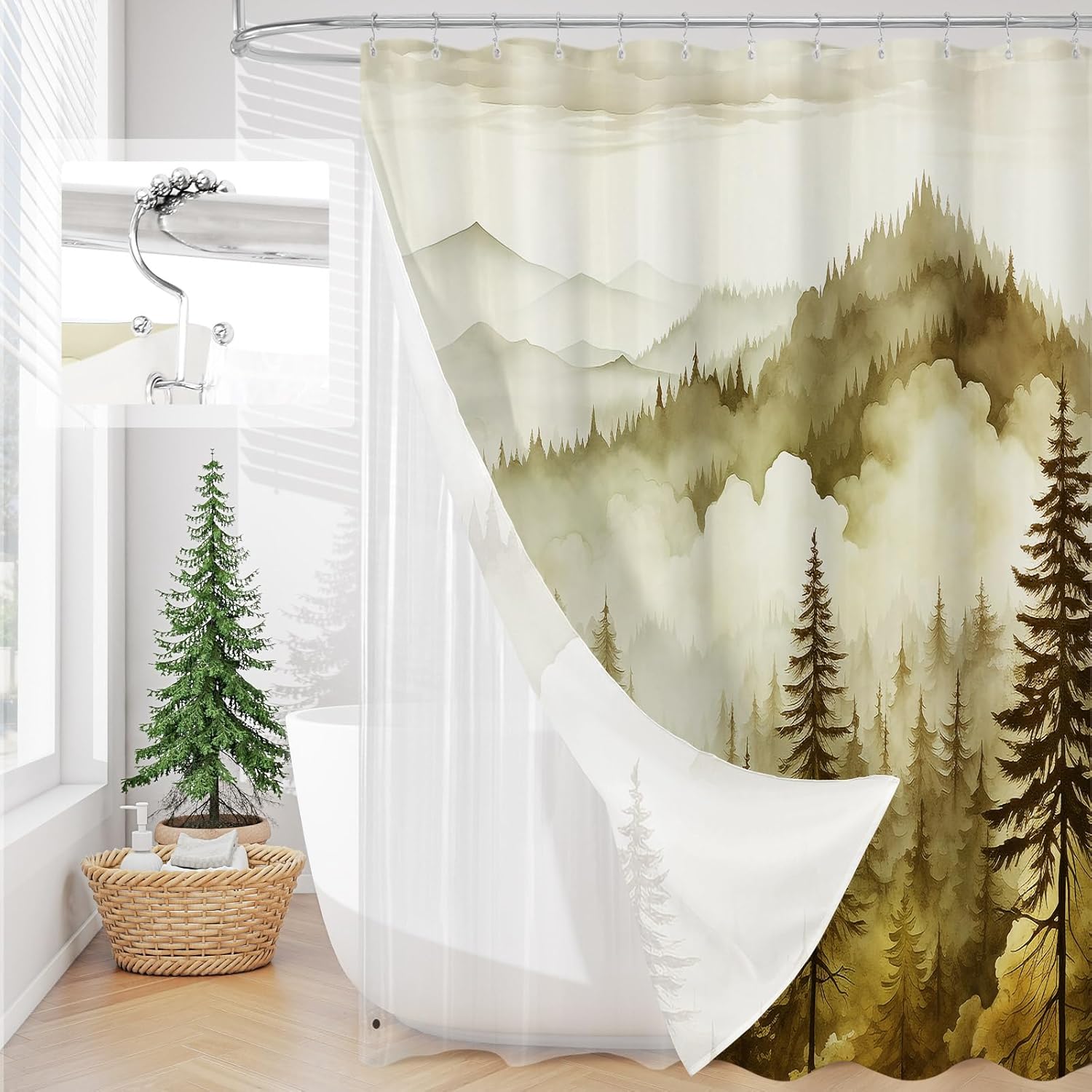 3 in 1 Shower Curtain Set, DarkGreen Misty Pine Forest Fabric Shower Curtain with PEVA Liner and Double Sided Hooks, Bathroom Curtain Waterproof 72x72