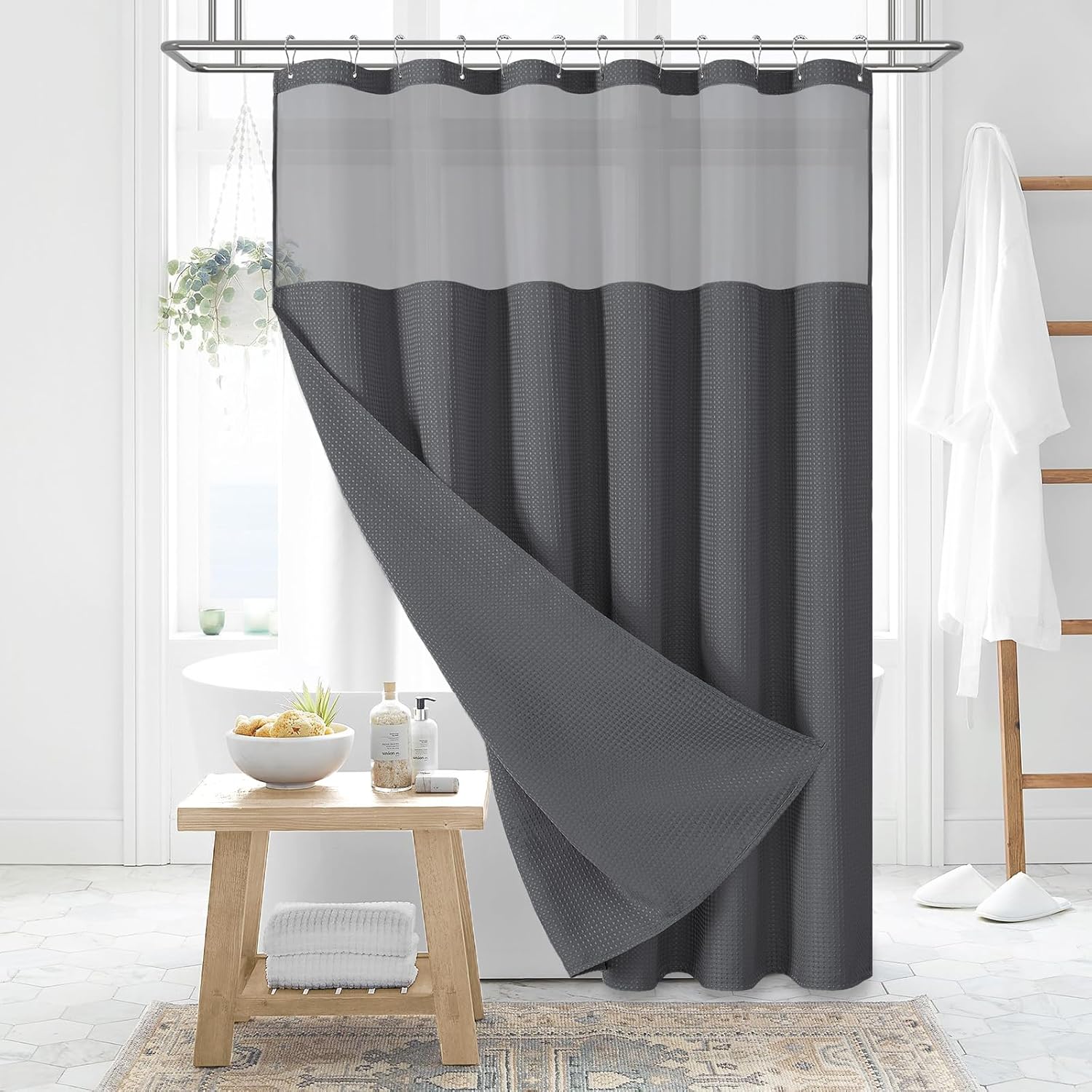 Dynamene Sage Green Shower Curtain - Waffle Textured Heavy Duty Thick Fabric Shower Curtains for Bathroom, 256GSM Luxury Weighted Polyester Cloth Bath Curtain Set with 12 Plastic Hooks，72Wx72H,Green
