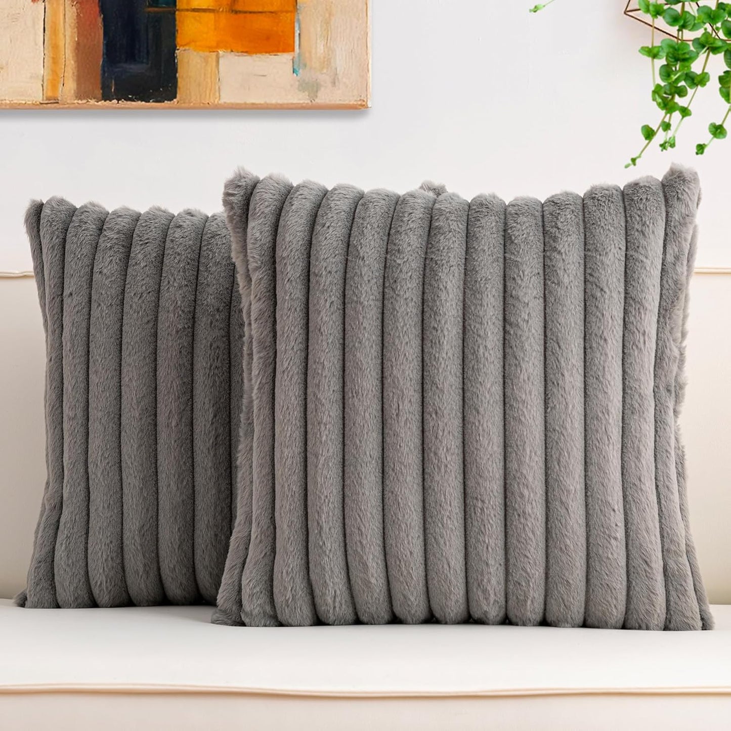 Pack of 2 Faux Fur Christmas Throw Pillow Covers 18x18 Inch, Soft Plush Striped Neutral Couch Pillow Cover, with Velvet Back Modern Home Decor for Sofa Living Room Couch Bed Cream White
