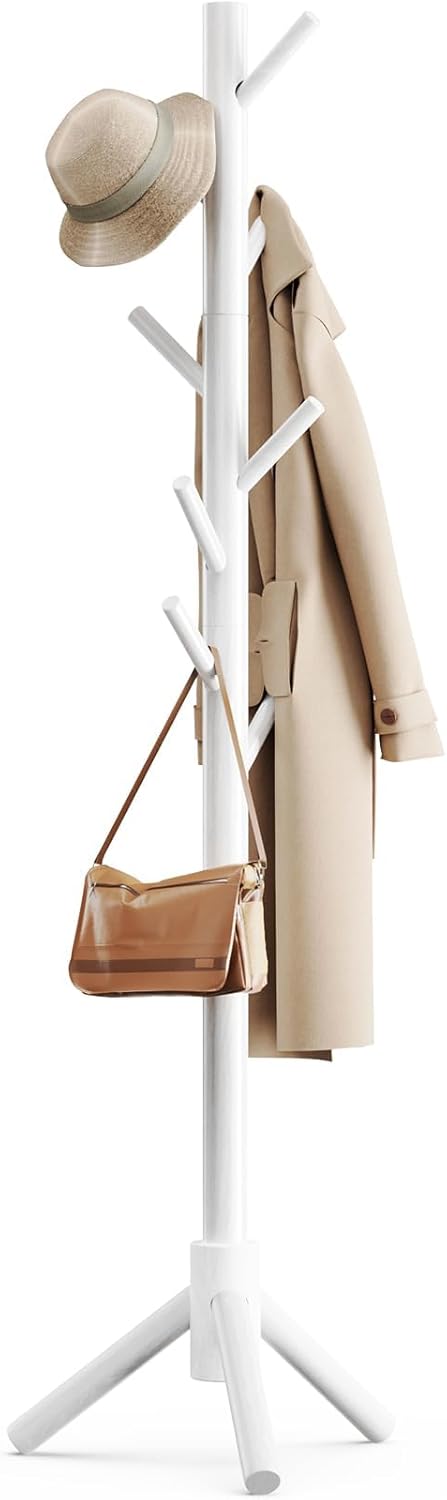 Sturdy Wooden Coat Tree with 8 Hooks, 3 Adjustable Sizes for Clothes, Hat Stand Used in Bedroom/Office/Entryway, Brown