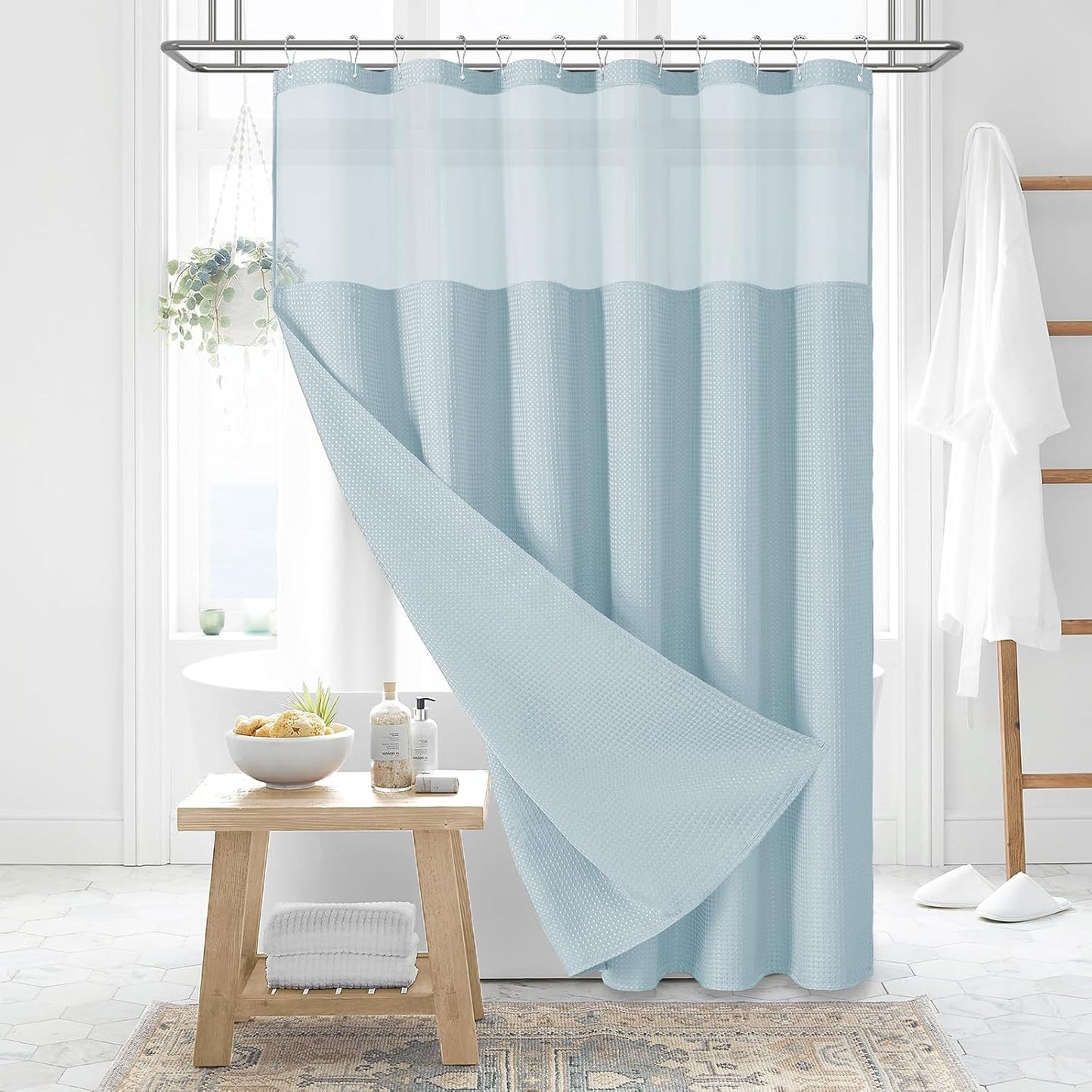 Dynamene Sage Green Shower Curtain - Waffle Textured Heavy Duty Thick Fabric Shower Curtains for Bathroom, 256GSM Luxury Weighted Polyester Cloth Bath Curtain Set with 12 Plastic Hooks，72Wx72H,Green