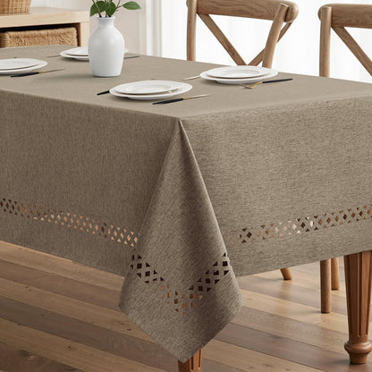 Beige Rectangle Linen Polyester Tablecloth with Decorative Cutouts Spring Waterproof Stain Resistant & Shrink-Proof Table Cloth 52x70 inch Farmhouse Style for Dining Wedding and Outdoor