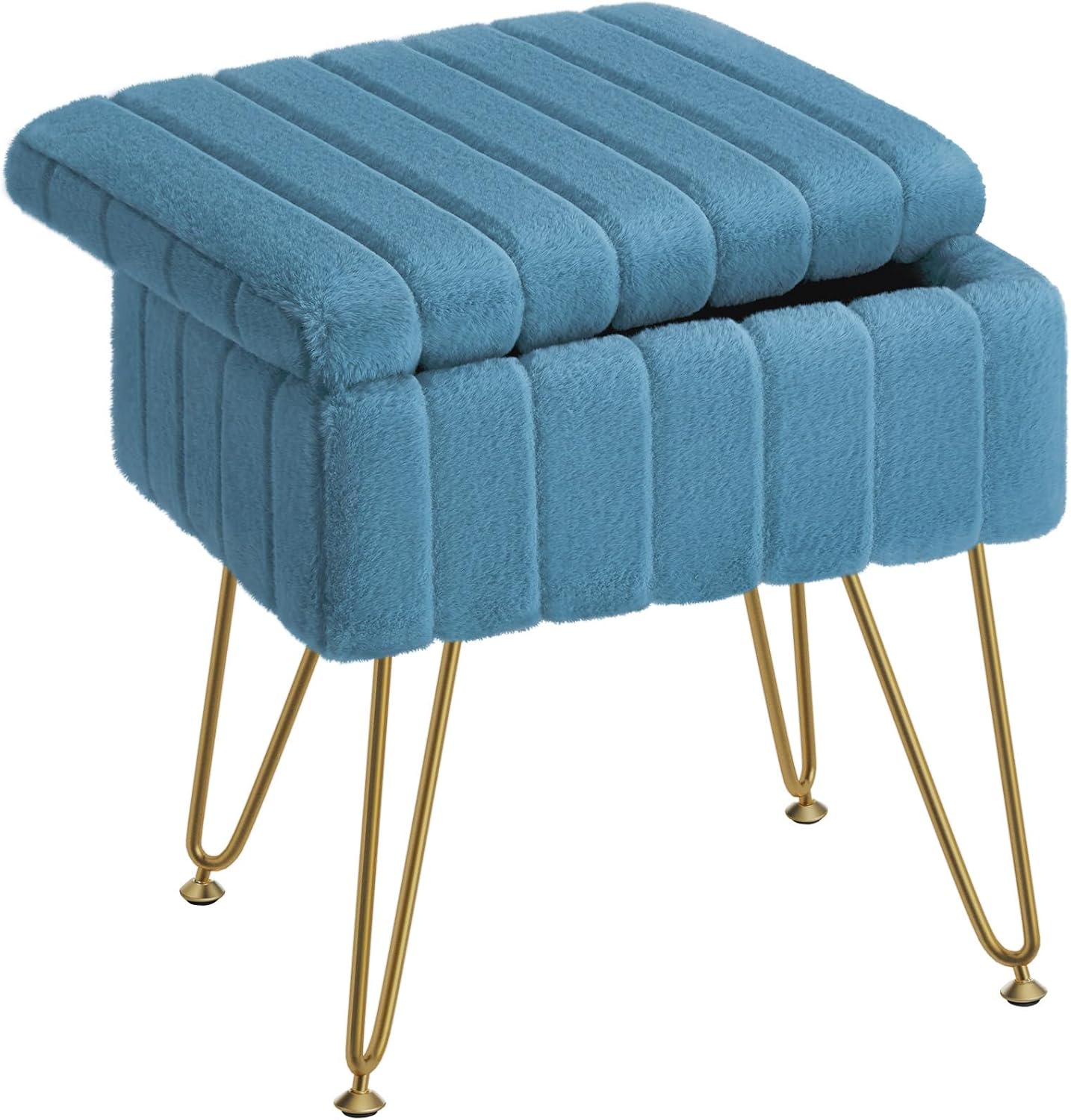 Vanity Stool Chair Faux Fur with Storage, 15.7"L x 11.8"W x 19.4"H Soft Ottoman 4 Metal Legs with Anti-Slip Feet, Furry Padded Seat, Modern Multifunctional Chairs for Makeup, Bedroom White