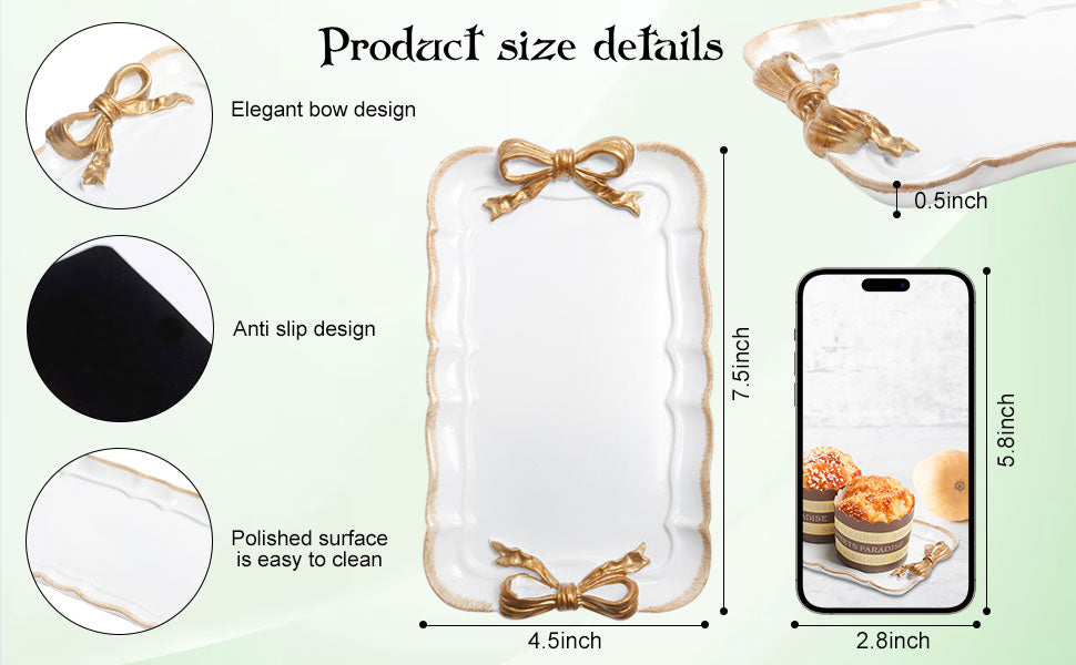 Jewelry Organizer, Decorative Tray for Jewelry, Towel, Storage, Rings, Bracelets, Earrings, Cosmetics, Retro Design, Bow Decor Resin Plate Coquette for Room Decor, White