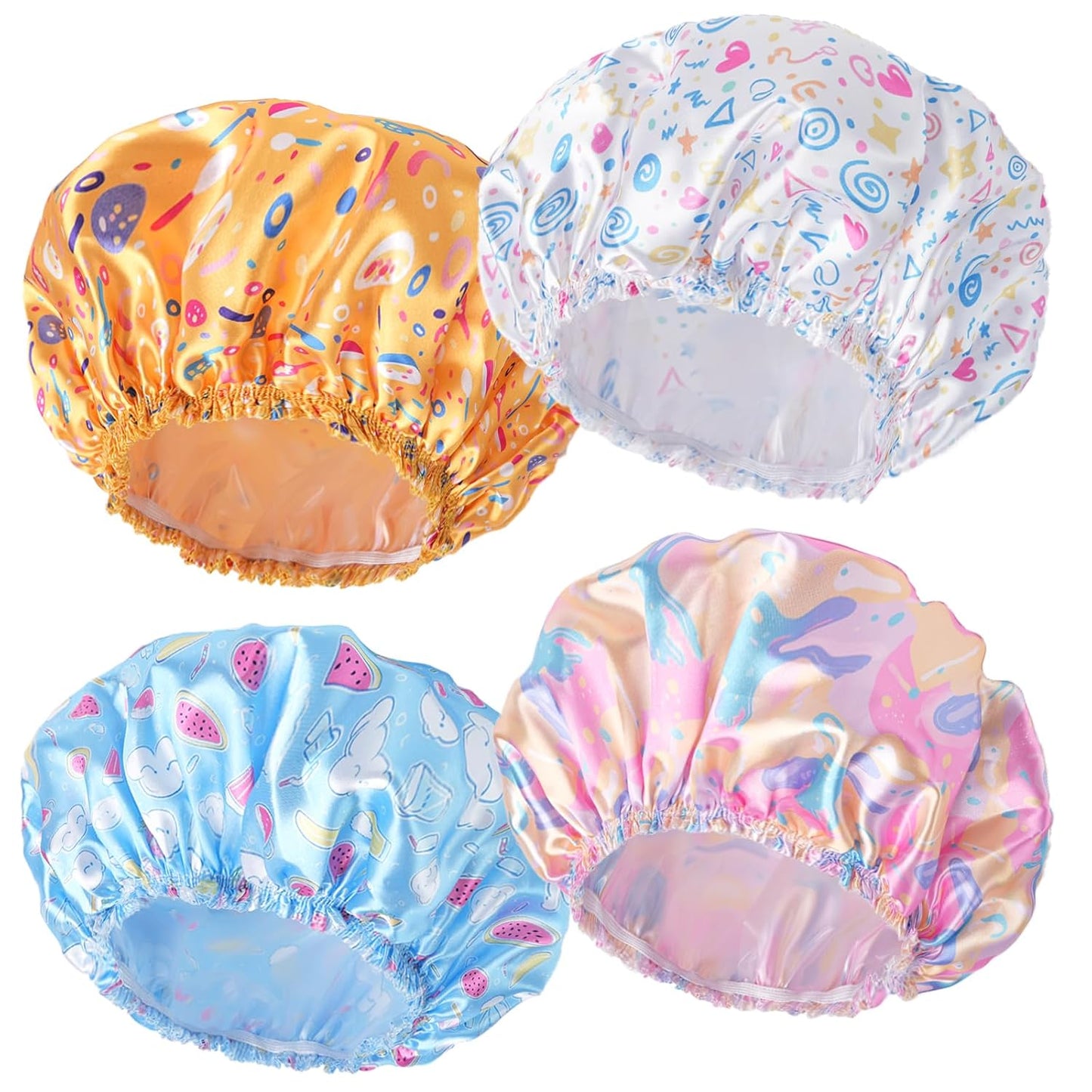 Shower Caps for Women, 4 PCS Elastic and Reusable Bath Caps, Double Waterproof Layers Shower Cap, Bathing Shower Caps, Environmental Protection Hair Bath Hat - Solid Color