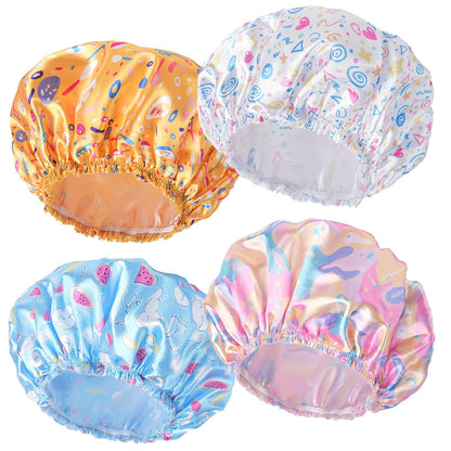 Shower Caps for Women, 4 PCS Elastic and Reusable Bath Caps, Double Waterproof Layers Shower Cap, Bathing Shower Caps, Environmental Protection Hair Bath Hat - Solid Color