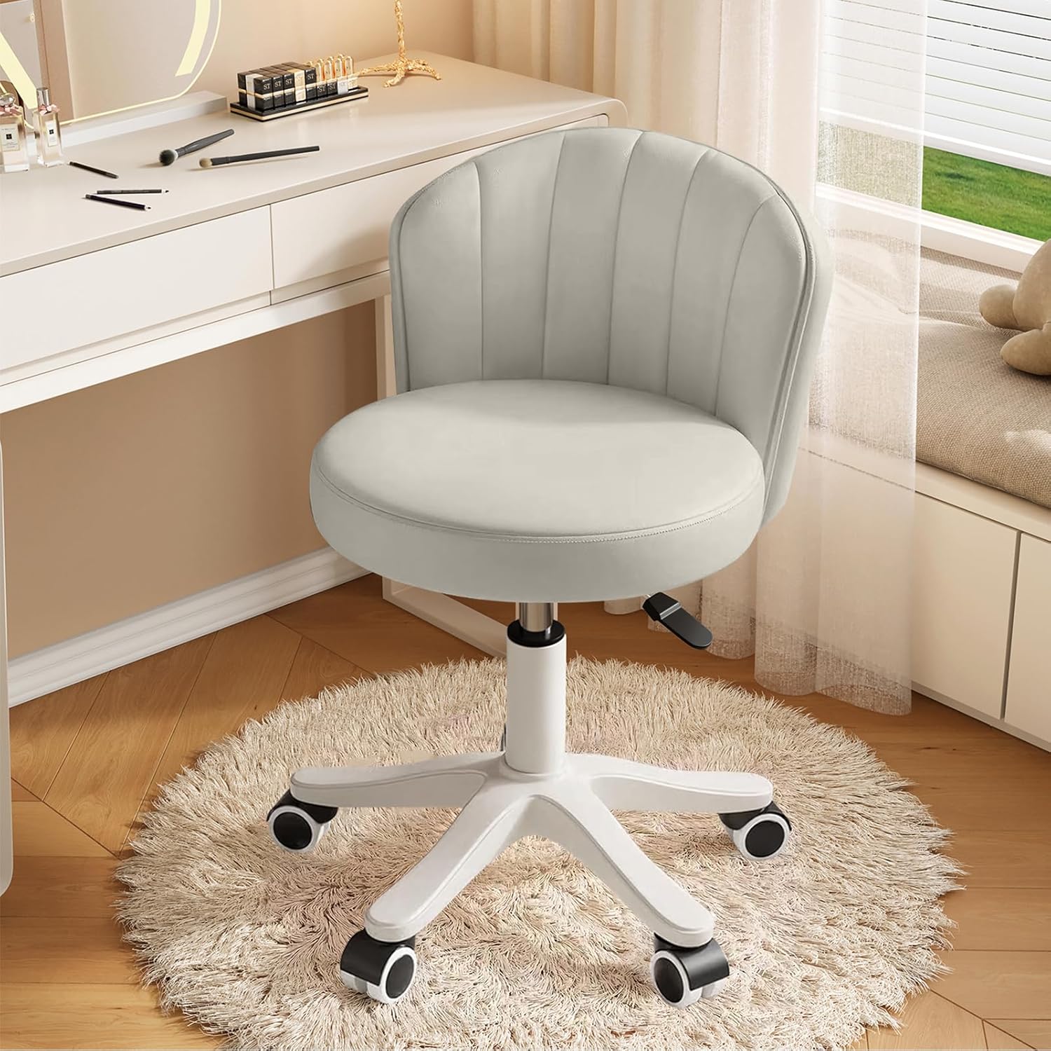 Small Round Rolling Desk Chair Armless Comfy Vanity Computer Chair Height Adjustable Swivel Work Spa Chair