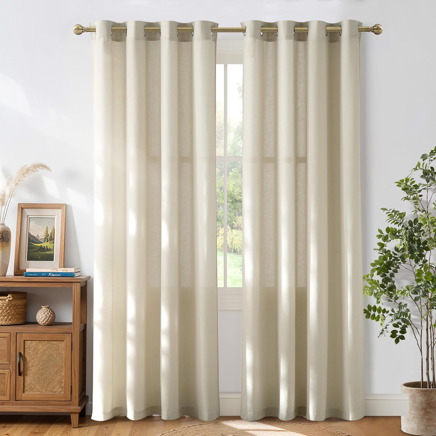 Natural Linen Curtains 84 inch Long 2 Panels Set, Grommet Top Thick Linen Burlap Semi Sheer Vertical Drapes Privacy Assured with Light Filtering for Bedroom/Living Room, W55 x L84