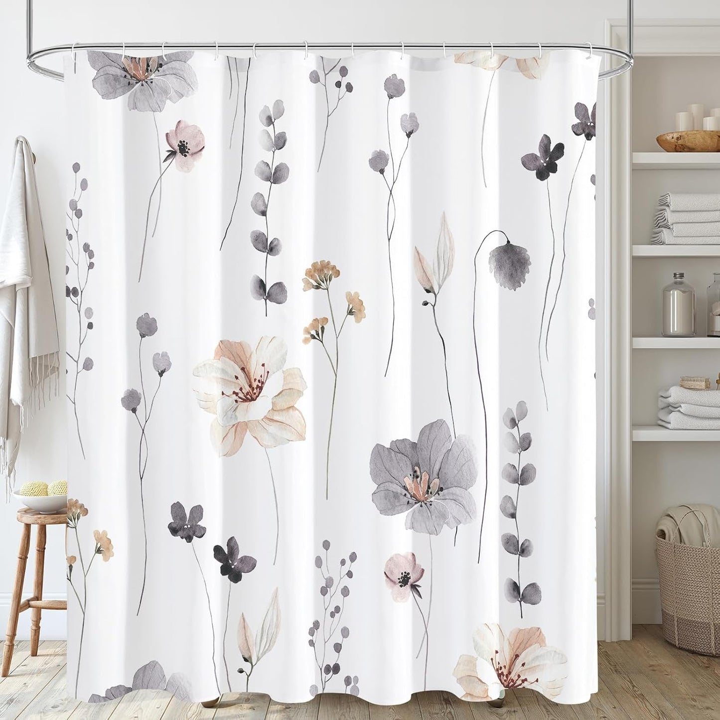 Watercolor Floral Shower Curtain, Sage Green Beige Flower Shower Curtain for Bathroom, Modern Minimalist White Waterproof Fabric Shower Curtain Set 72x72 Inch