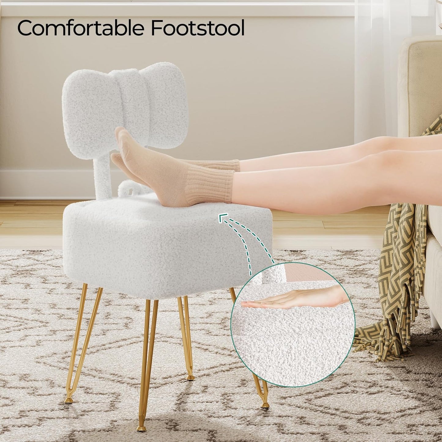 Small Vanity Chair with Storage and Folding Back, 14.2" D x 12.6" W x 28.3" H Soft Storage Ottoman, Footrest Stool, Teddy Fleece Vanity Stool for Makeup, Bedroom, Living Room, White
