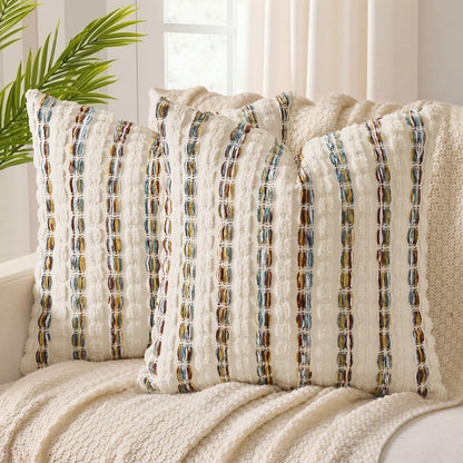 ANRODUO Pack of 2 Boho Decorative Throw Pillow Covers 18x18 Farmhouse Cushion Case Striped Chenille Pillow Cases Square Pillow Covers Accent Neutral Pillowcase for Sofa Couch Bed, Olive Green Stripe