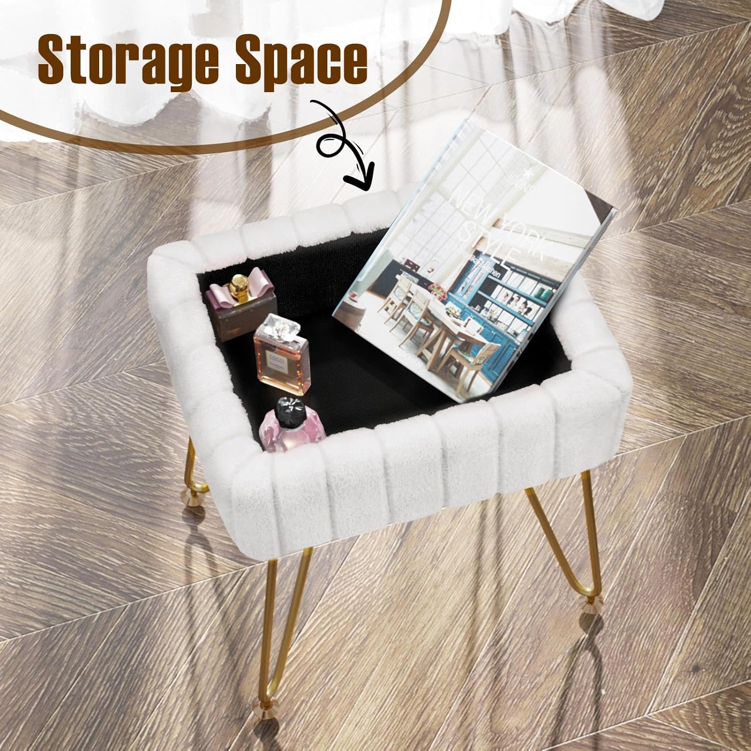 Vanity Stool Chair Faux Fur with Storage, 15.7"L x 11.8"W x 19.4"H Soft Ottoman 4 Metal Legs with Anti-Slip Feet, Furry Padded Seat, Modern Multifunctional Chairs for Makeup, Bedroom White