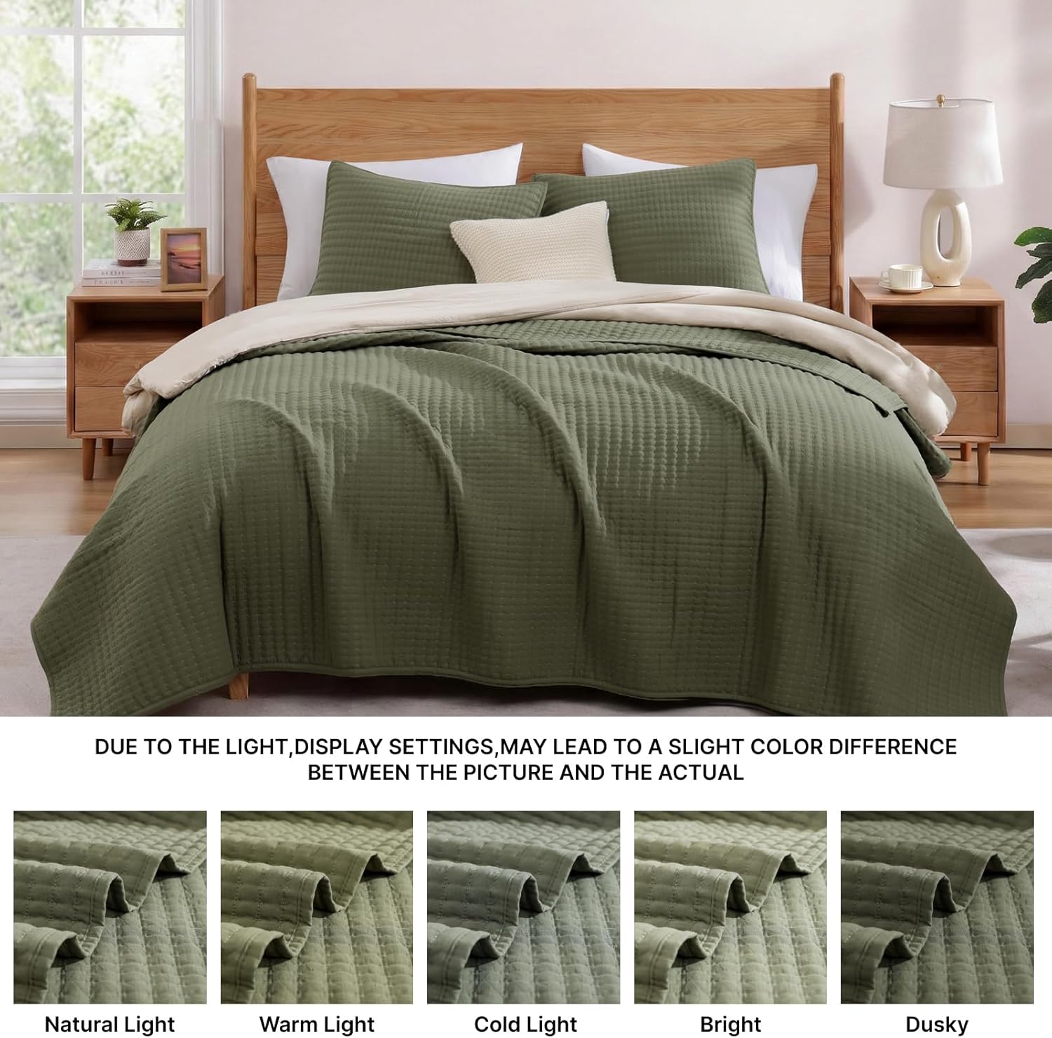Queen Quilt-3 Pieces Lightweight Bedspreads Olive Green Queen Size Quilt Bedding Set for All Seasons, Soft Summer Coverlet with 2 Pillow Shams Suitable for Bed & Couch