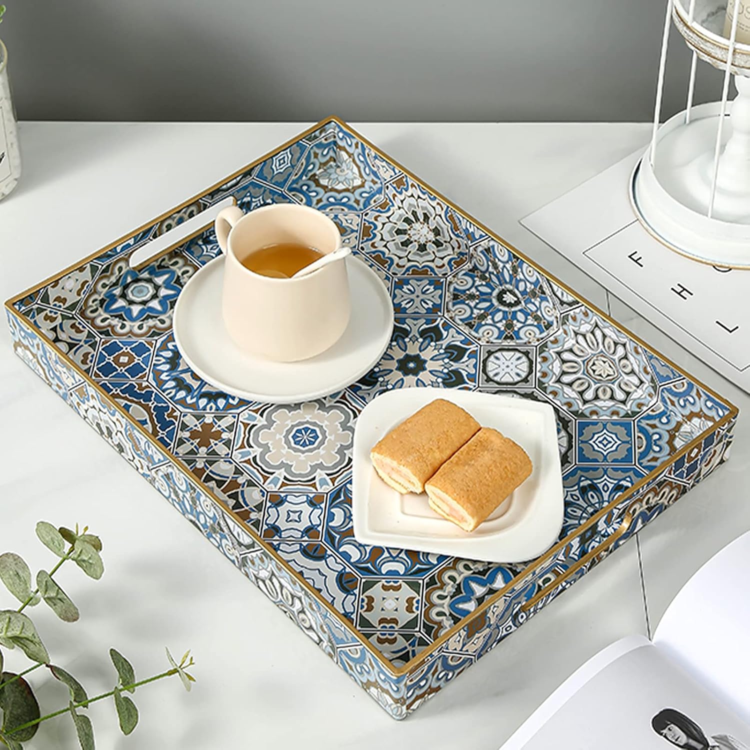 Coffee Table Trays for Living Room Serving Tray with Handles, Modern Large Tray for Ottoman Coffee Table