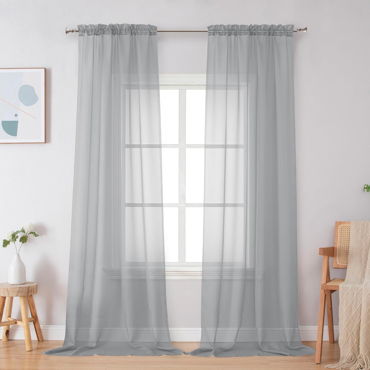 Black Sheer Curtains 84 Inches Long, Light Filtering Rod Pocket Solid Color Window Sheer Curtain Panels, Elegant Curtains & Drapes for Living Room, Bedroom 2 Panels (Black, 42" W x 84" L)