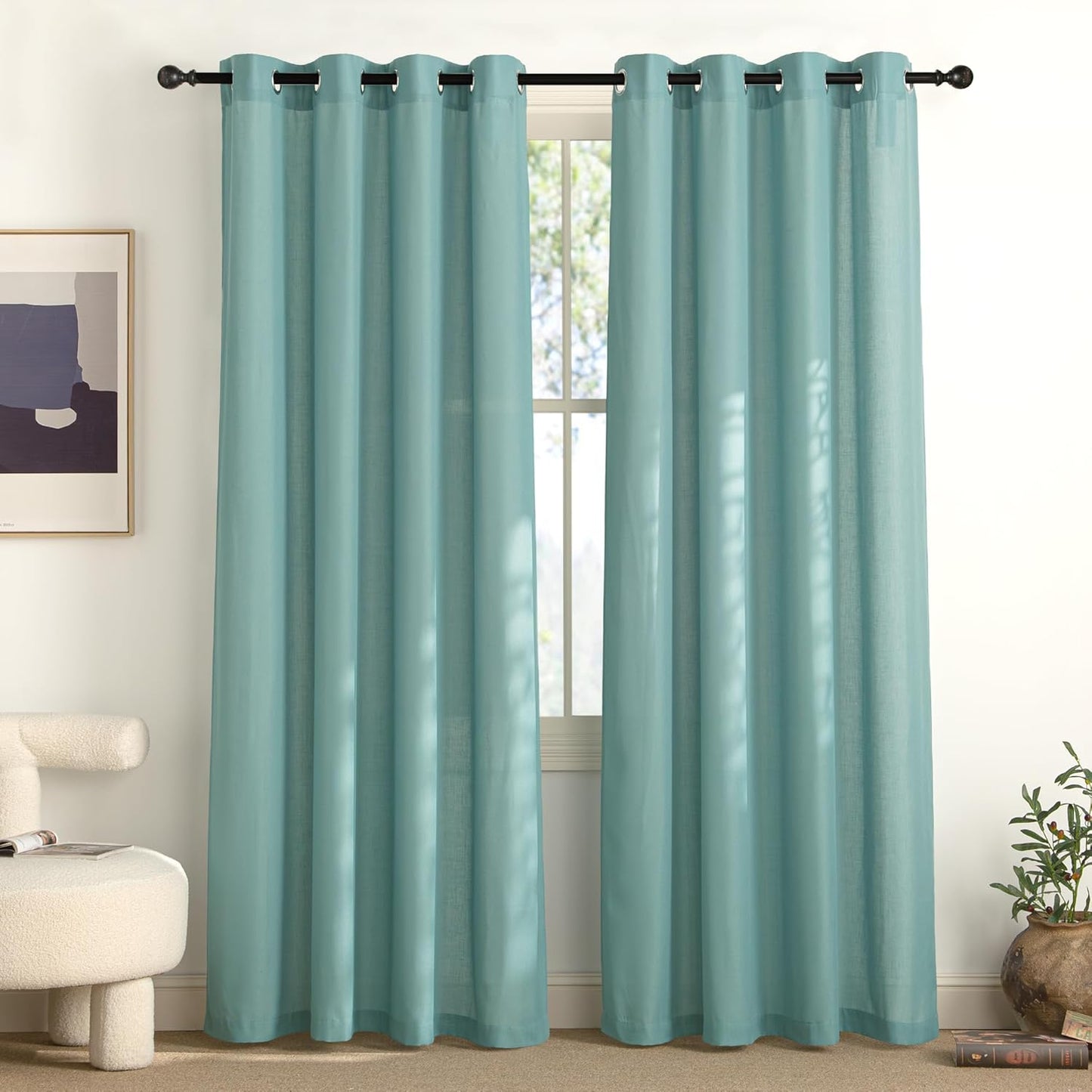Natural Linen Curtains 84 inch Long 2 Panels Set, Grommet Top Thick Linen Burlap Semi Sheer Vertical Drapes Privacy Assured with Light Filtering for Bedroom/Living Room, W55 x L84