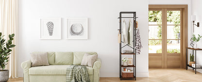 Coat Rack Freestanding, Hall Tree with 3 Storage Shelves and 12 Hooks, Industrial Clothes Rack Stand Organizer for Bedroom, Hallway, Entryway, Office, Living Room, Rustic Brown
