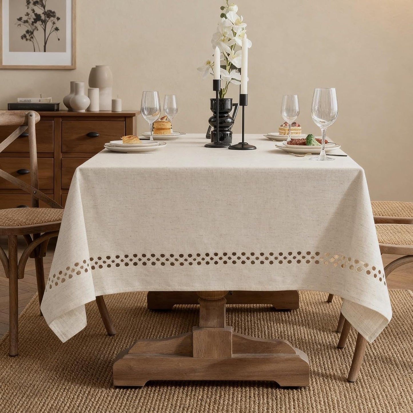 Natural Tablecloth, Rectangle Tablecloth with Decorative Cutouts, Stain Resistant & Wrinkle Free Table Cover for for Dining Table (Natural Cotton Linen, 70" x 52" (Rectangular))