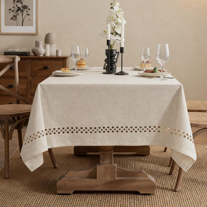 Natural Tablecloth, Rectangle Tablecloth with Decorative Cutouts, Stain Resistant & Wrinkle Free Table Cover for for Dining Table (Natural Cotton Linen, 70" x 52" (Rectangular))