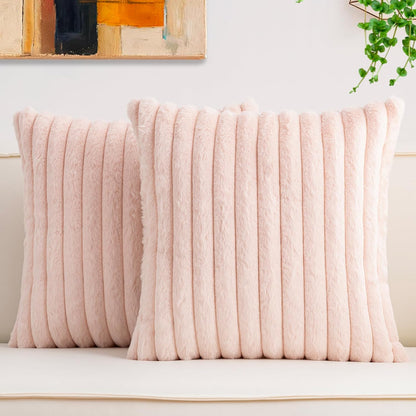 Pack of 2 Faux Fur Christmas Throw Pillow Covers 18x18 Inch, Soft Plush Striped Neutral Couch Pillow Cover, with Velvet Back Modern Home Decor for Sofa Living Room Couch Bed Cream White