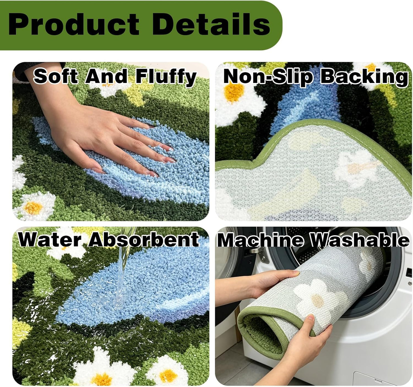 Pond Floral Microfiber Bathroom Rugs 28''x13'', Green Garden Flower Soft Absorbent Bath Mat Non-Slip Rubber Backing, Spring Summer Washable Bath Rug for Shower Floor Bathtub Bedroom Home Decor