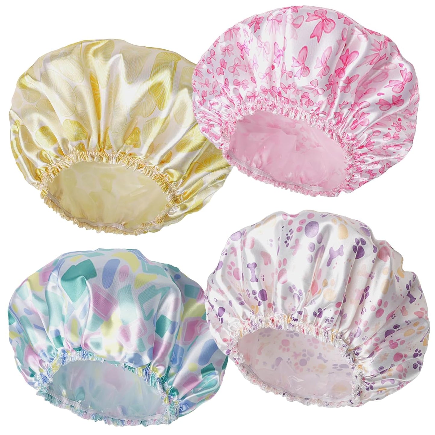 4 PCS Shower Caps for Women, Elastic and Reusable Bath Caps, Double Waterproof Layers Shower Cap, Bathing Shower Caps, Environmental Protection Hair Bath Hat - Printed Color