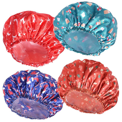 Shower Caps for Women, 4 PCS Elastic and Reusable Bath Caps, Double Waterproof Layers Shower Cap, Bathing Shower Caps, Environmental Protection Hair Bath Hat - Solid Color