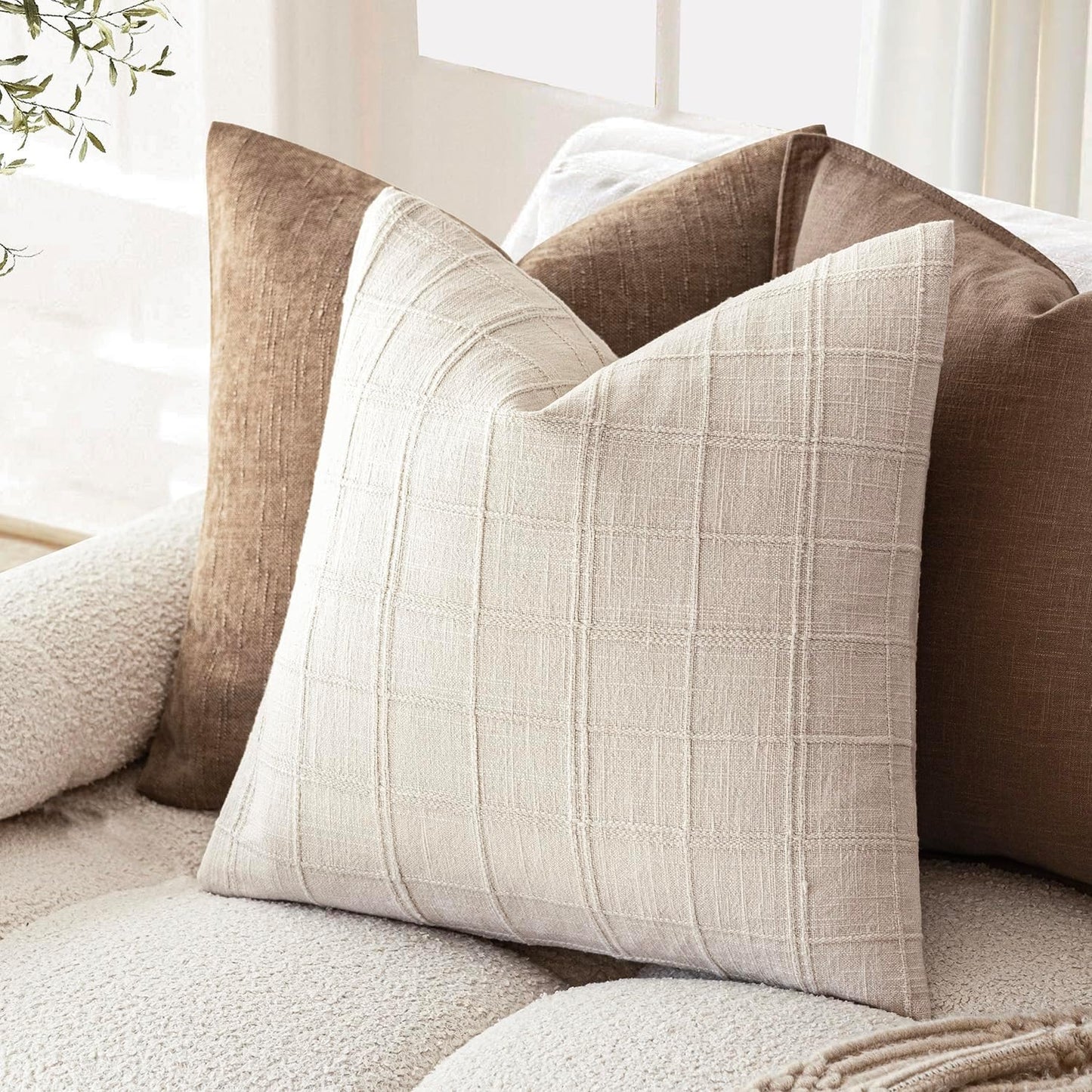 Foindtower Set of 2 Decorative Linen Check Throw Pillow Covers Neutral Farmhouse Vintage Cushion Covers Modern Boho Home Decor for Sofa Chair Couch Bedroom Living Room,18×18 Inch,Natural Beige