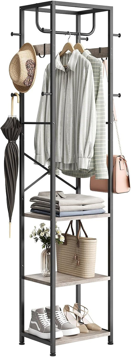 Coat Rack Freestanding, Hall Tree with 3 Storage Shelves and 12 Hooks, Industrial Clothes Rack Stand Organizer for Bedroom, Hallway, Entryway, Office, Living Room, Rustic Brown