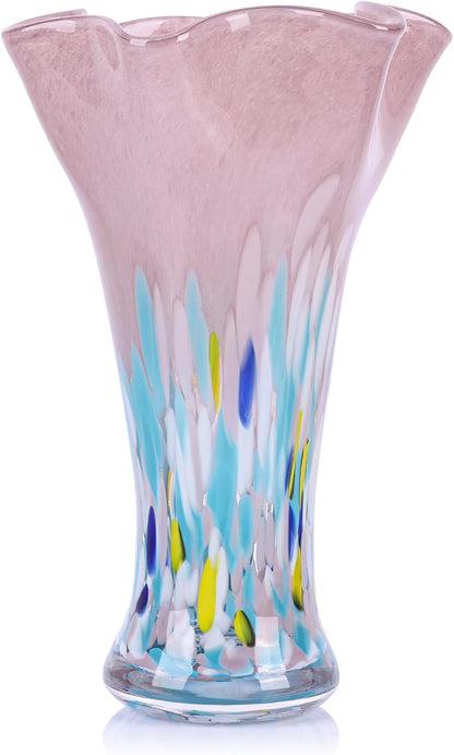 9.0" H Teal Glass Vases for Flowers, Unique Hand Blown Glass Vase Green Home Decor, Wide Mouth Colorful Flower Vase Centerpieces, for Living Room Table Bookshelf, Bathroom Office Shelf Decorative