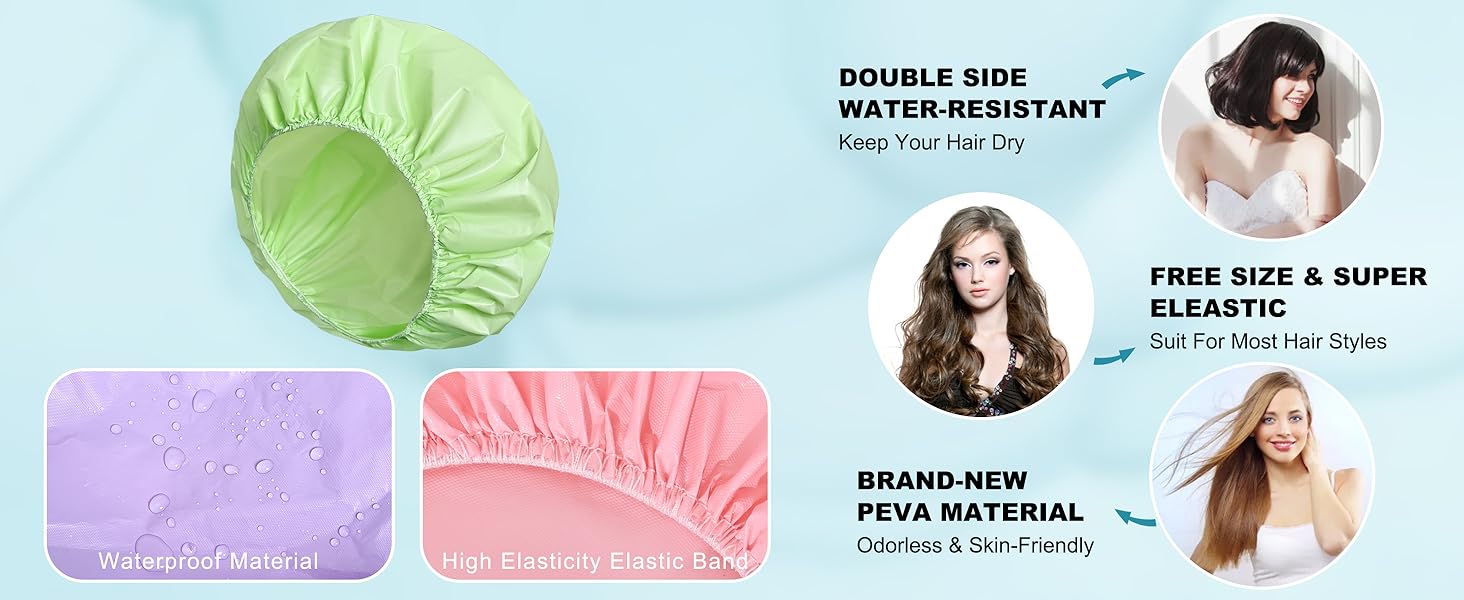 6 PCS Shower Caps for Women, Double Side Waterproof Shower Cap, Reusable Elastic Bath Caps for Shower, EVA Bathing Shower Caps, Bath Hair Caps - Candy Color
