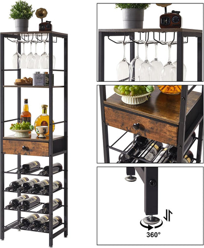 IBUYKE Wine Rack Freestanding Floor, Bar Cabinet for Liquor and Glasses,4-Tier Wood Coffee Bar Cabinet,Glass Holder and Storage Drawer for Home Bar Kitchen Living Room,Rustic Brown UTMJ905H