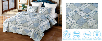 Blue Floral Patchwork Quilt Set, Full Queen Size, 3 Piece Bedding Set with 2 Pillowcases | Blue Patchwork Quilt, Queen Size Bedspread, Reversible Quilt Set, Floral Quilt Set, Patchwork Quilt Set, Queen Comforter Set