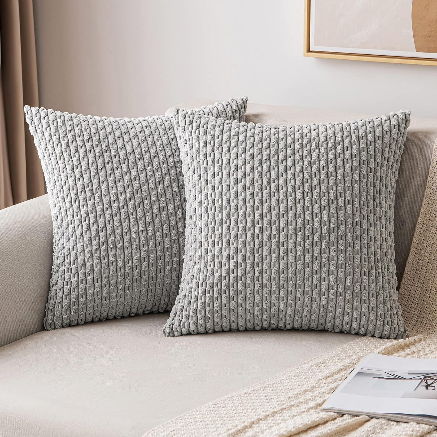 MIULEE Pack of 2 Decorative Throw Pillow Covers 18x18 Inch Soft Boho Striped Textured Corduroy Pillow Covers Spring Modern Farmhouse Home Decor for Couch Bed Sofa Living Room Sage Green