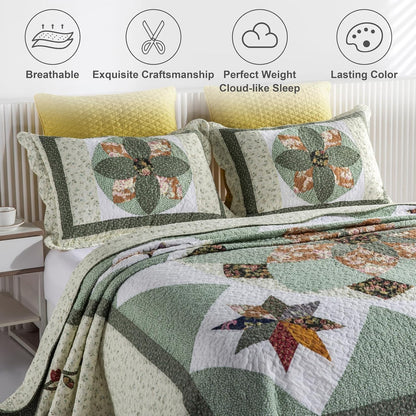 Quilts Queen Size Patchwork Bedspread Set - 100% Cotton Reversible Breathable Green Earth Geometric Quilted Quilt with Pillow Shams for All Seasons
