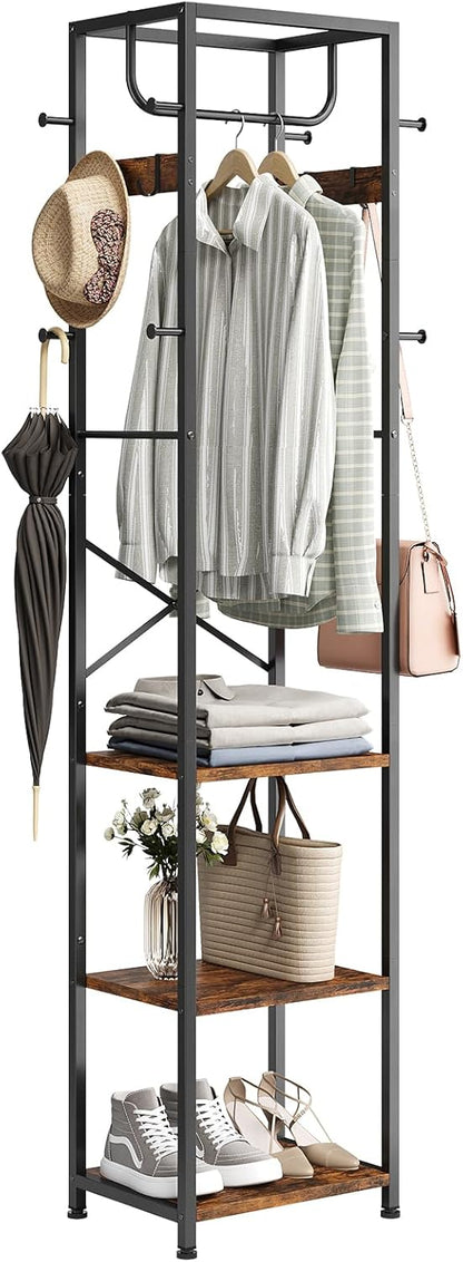 Coat Rack Freestanding, Hall Tree with 3 Storage Shelves and 12 Hooks, Industrial Clothes Rack Stand Organizer for Bedroom, Hallway, Entryway, Office, Living Room, Rustic Brown