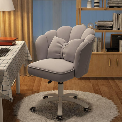 Chair with Bow Cushion Velvet Vanity Chair with Wheels, Upholstered Home Office Chair for Girls Women, Mid-Back Swivel Computer Task Chairs for Living Room Bedroom