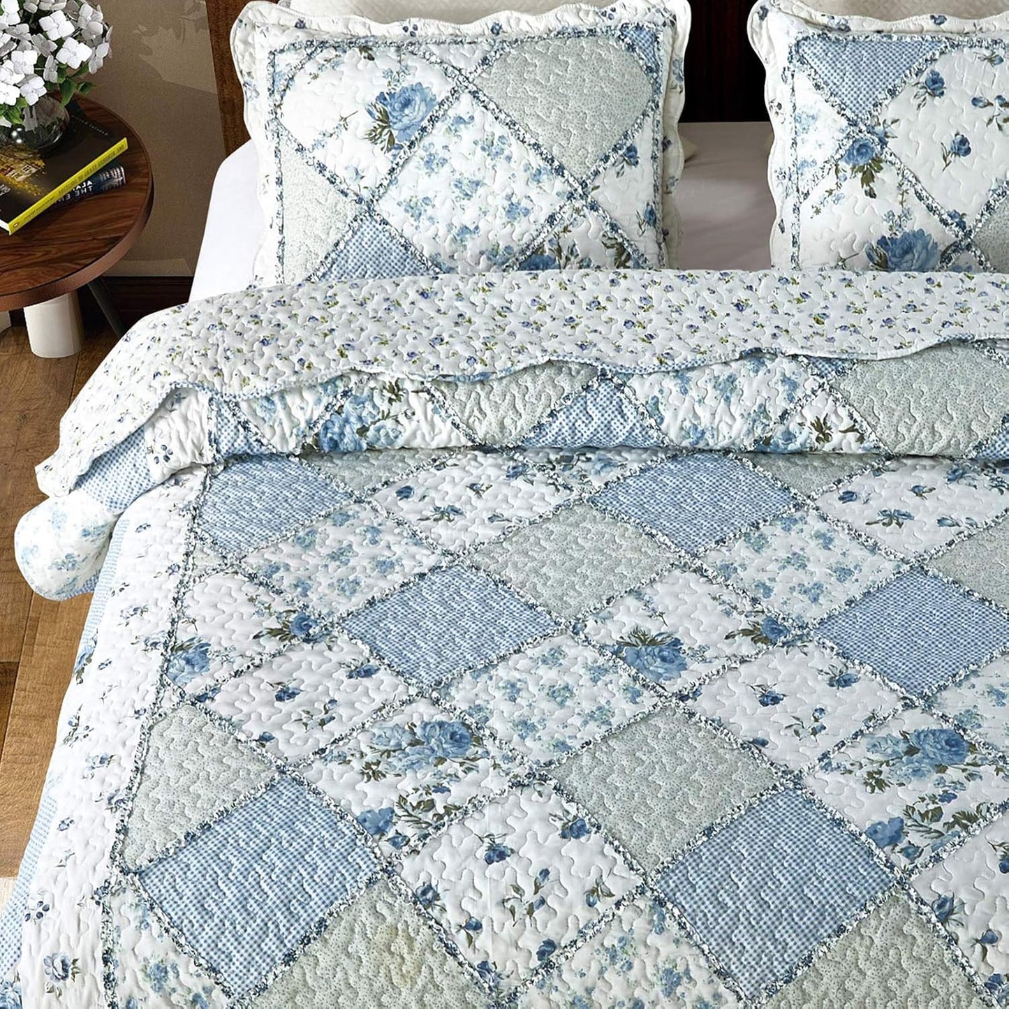Blue Floral Patchwork Quilt Set, Full Queen Size, 3 Piece Bedding Set with 2 Pillowcases | Blue Patchwork Quilt, Queen Size Bedspread, Reversible Quilt Set, Floral Quilt Set, Patchwork Quilt Set, Queen Comforter Set