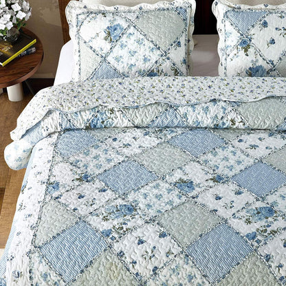 Blue Floral Patchwork Quilt Set, Full Queen Size, 3 Piece Bedding Set with 2 Pillowcases | Blue Patchwork Quilt, Queen Size Bedspread, Reversible Quilt Set, Floral Quilt Set, Patchwork Quilt Set, Queen Comforter Set