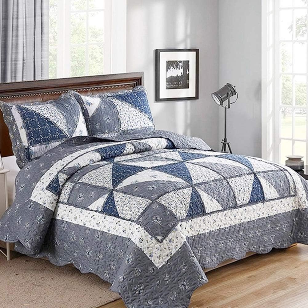 Blue Floral Patchwork Quilt Set, Full Queen Size, 3 Piece Bedding Set with 2 Pillowcases | Blue Patchwork Quilt, Queen Size Bedspread, Reversible Quilt Set, Floral Quilt Set, Patchwork Quilt Set, Queen Comforter Set