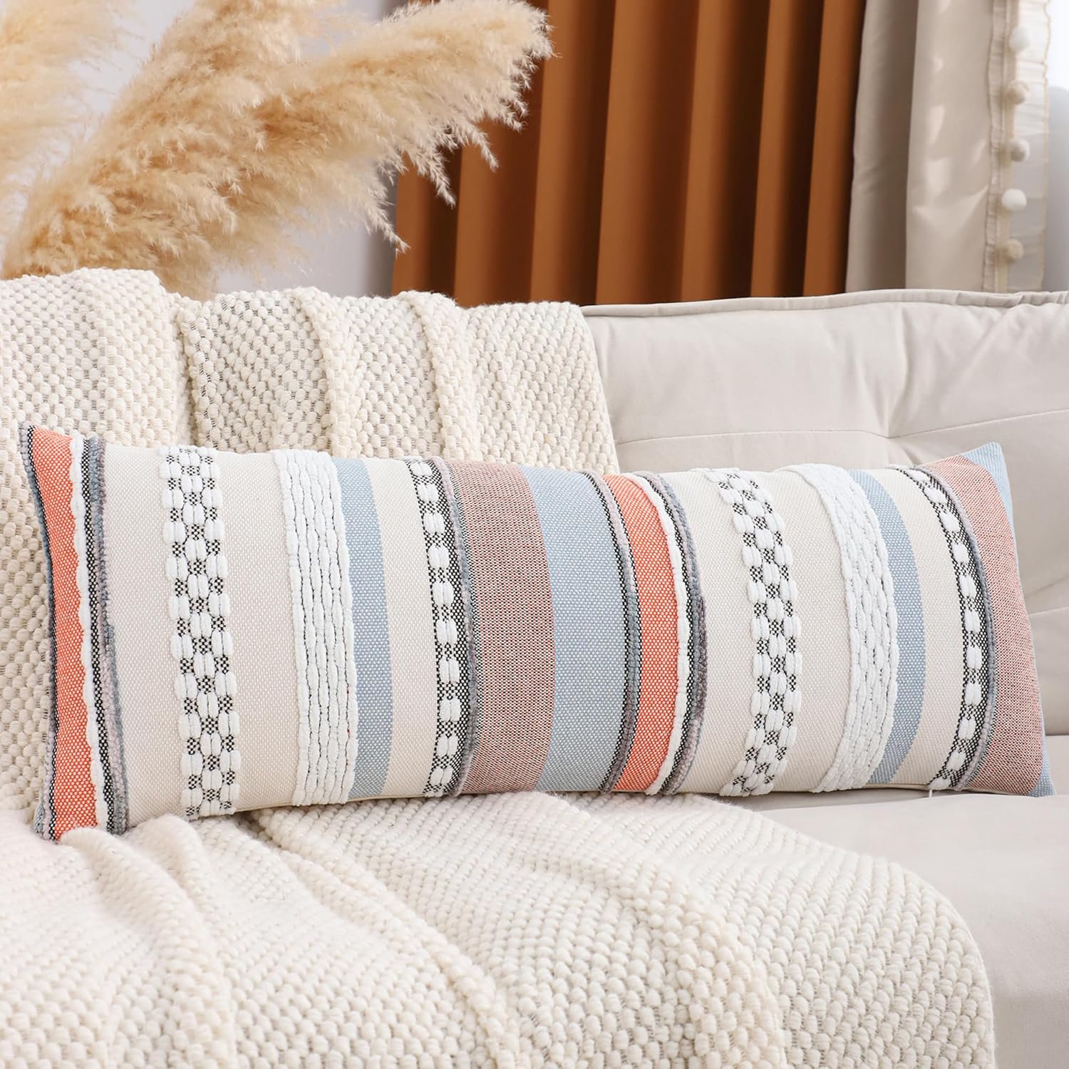 Grey Throw Pillow Covers 18x18 Set of 2 Boho Stripe Pillow Covers Tufted Decorative Pillow Case Accent Pillowcase Farmhouse Cushion Case Nuetral Textured Pillow Cover Spring Home Decor