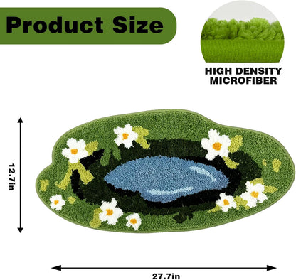 Pond Floral Microfiber Bathroom Rugs 28''x13'', Green Garden Flower Soft Absorbent Bath Mat Non-Slip Rubber Backing, Spring Summer Washable Bath Rug for Shower Floor Bathtub Bedroom Home Decor